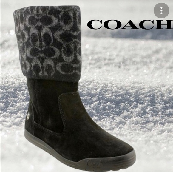 COACH "Tatum" Black Suede Signature Fold Over Wool Cuff Women's Size 9 1/2 Boot - Picture 1 of 9